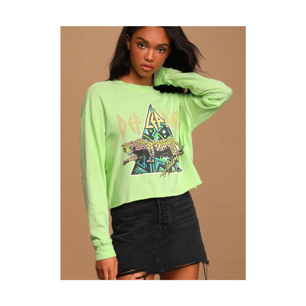 Daydreamer Free People Women Def Leppard Sleeve Graphic T-Shirt Green Crop Large